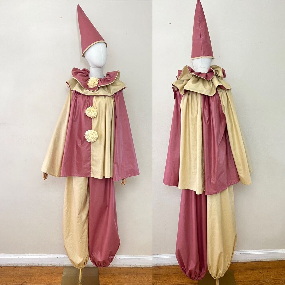 Handmade French Pierrot Costume Pink Beige Retro Harlequin Circus Suit (OS) S-XL